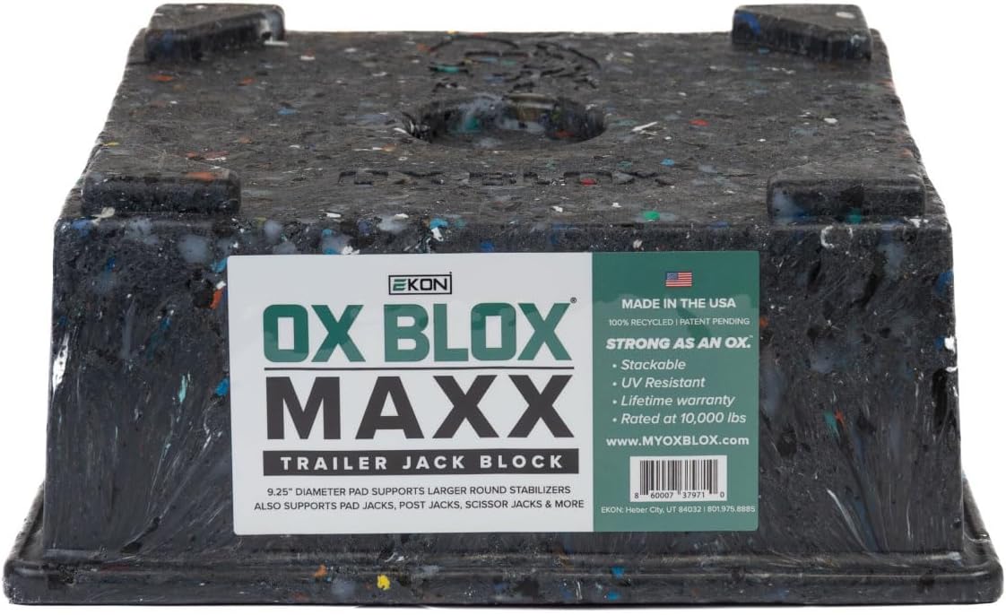 OX BLOX MAXX Heavy Duty Trailer Jack Block - 10,000 lbs. Capacity - 10.5x10.5x4.5 Inches - 6.8 lbs Weight - 5th Wheel RV Jack Block for 9" Round Feet - 9" and Smaller Feet Nest Securely Within Ridges