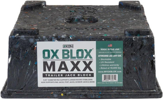 OX BLOX MAXX Heavy Duty Trailer Jack Block - 10,000 lbs. Capacity - 10.5x10.5x4.5 Inches - 6.8 lbs Weight - 5th Wheel RV Jack Block for 9" Round Feet - 9" and Smaller Feet Nest Securely Within Ridges