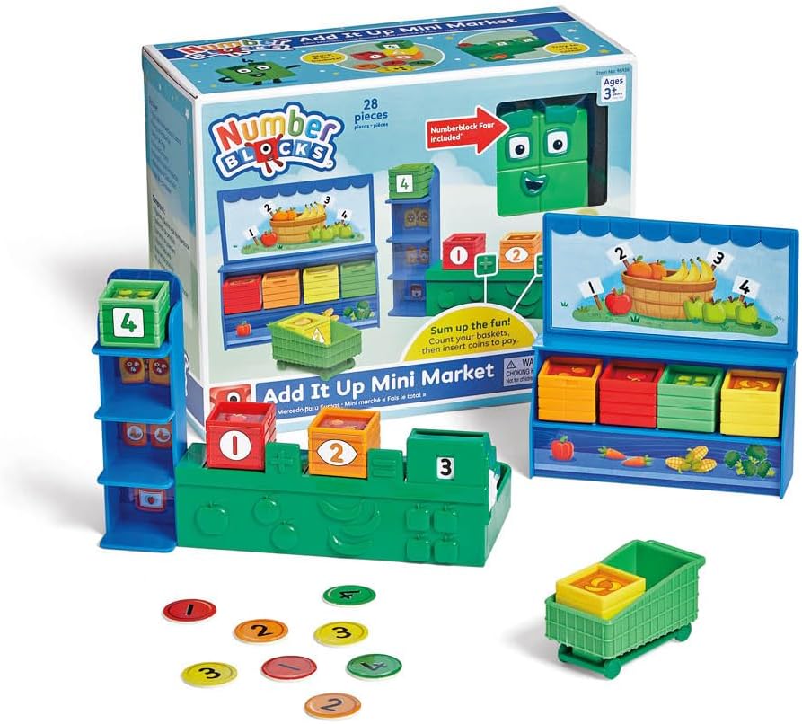 hand2mind Numberblocks Add It Up Mini Market, Grocery Store Playset, Math Toys for Kids 3-5, Counting Toys, Learning Money, Numbers for Toddlers, Mini Shopping Cart, Pretend Play Figure Playset