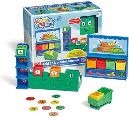 hand2mind Numberblocks Add It Up Mini Market, Grocery Store Playset, Math Toys for Kids 3-5, Counting Toys, Learning Money, Numbers for Toddlers, Mini Shopping Cart, Pretend Play Figure Playset
