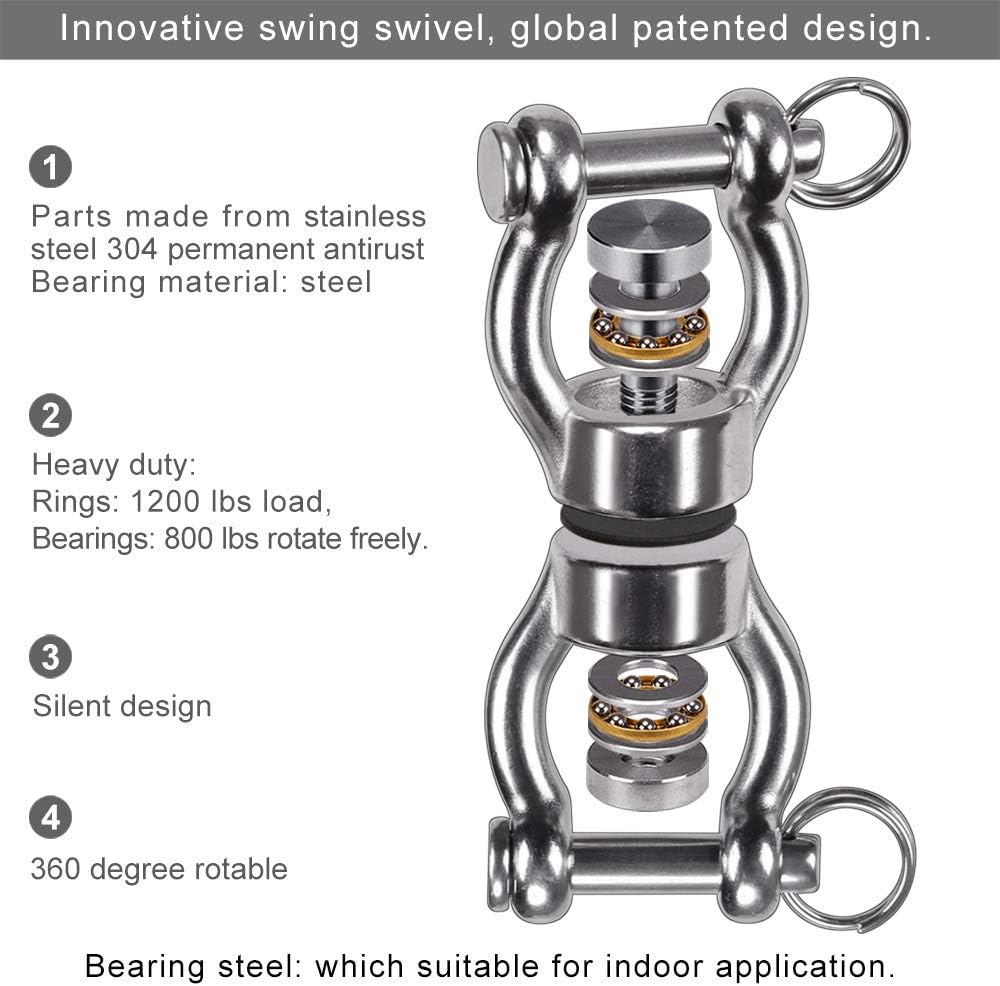 SELEWARE Silent Bearing Swing Swivel, 360° Rotational Device Hanging Accessory with Removeable Buckle for Tree Swing, Hammock Chair, Climbing Rope, Yoga, Kids Swing Swivel 1200LB Capacity, 2 Pack