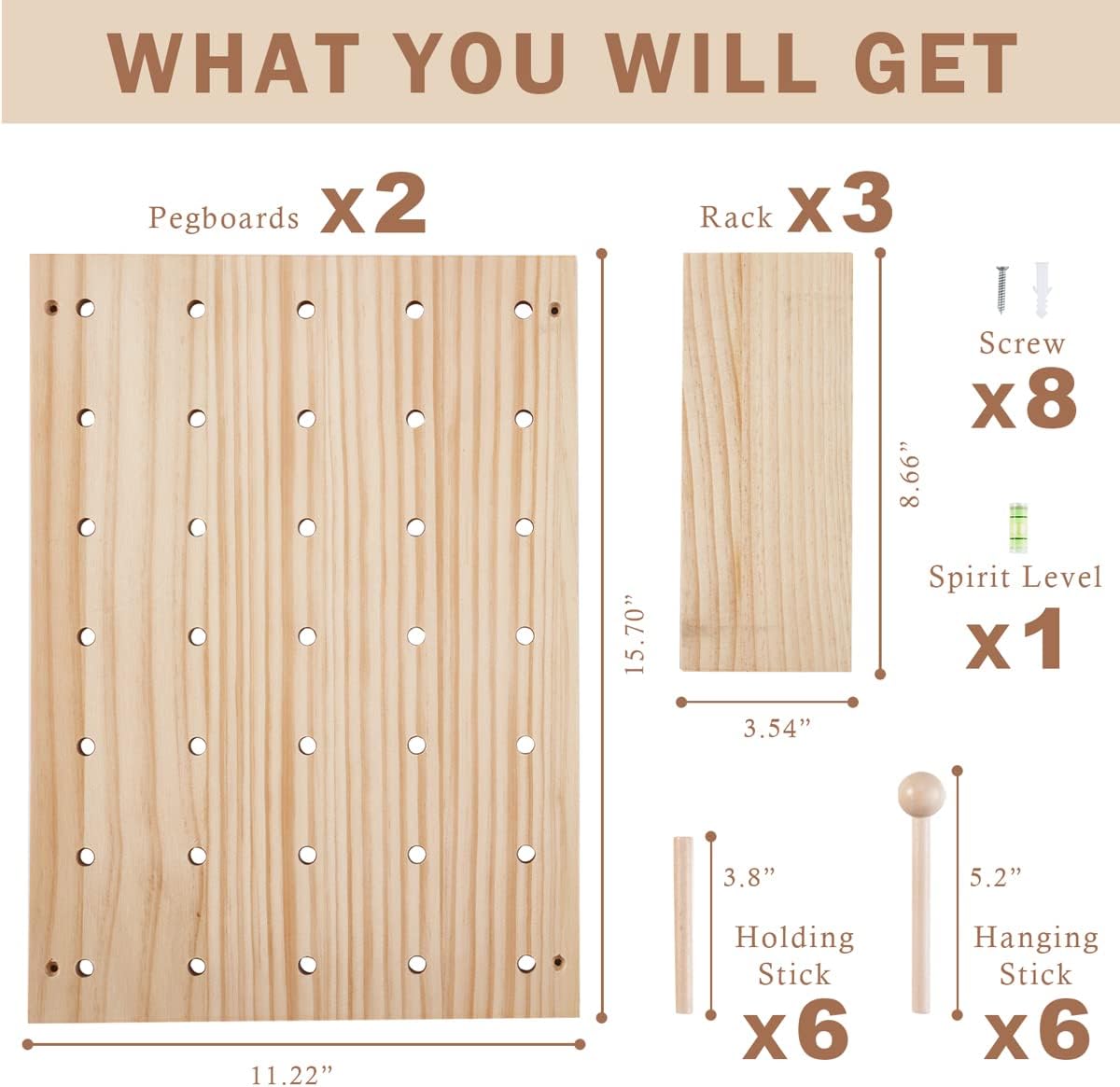 Wood Pegboard Combination Wall Organizer Kit, Wooden Display Pegboard Panel Kits for Bedroom, Study, Office, Bathroom, 2 Pieces Pegboards and 15 Accessories