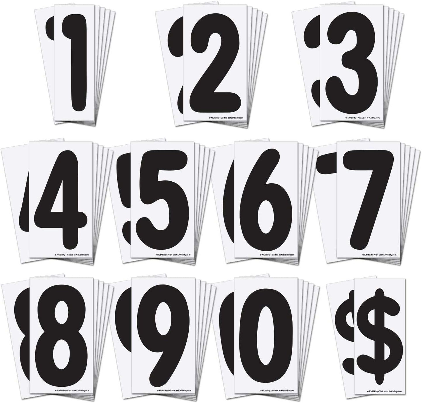 Replacement Numbers for White Message Board Sidewalk Signs with 4 Inch Tracks, 6 of Each Number 0 to 9, Black on White Background