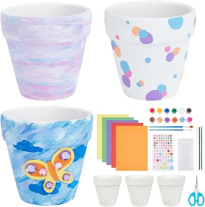 WEBEEDY 3 Sets Ceramic Flower Pot Paint Kit Paint Your Own Butterfly Theme Flower Pot with Cardstock, Twist Stick, Paints, Brushes and Instruction for Adults Beginner DIY Craft for Home Decor