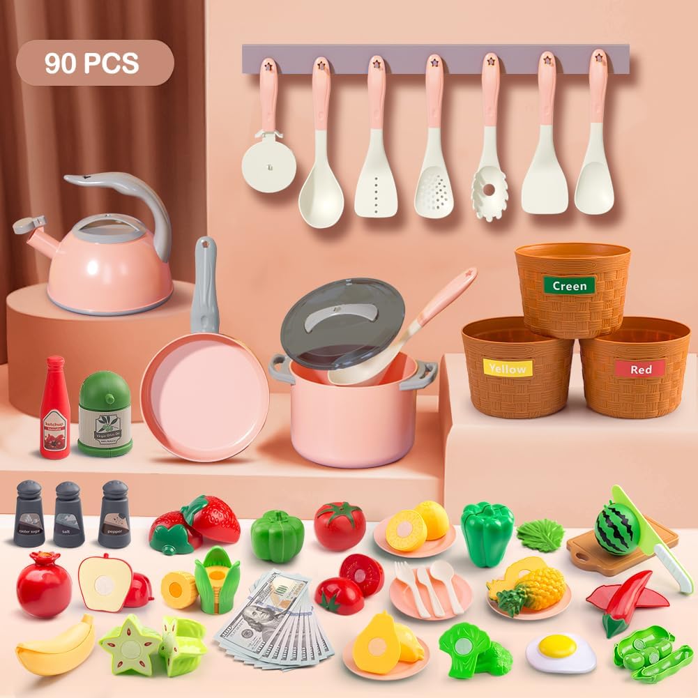 150Pcs Kitchen Playset, Toddlers Pretend Cooking Cookware Accessories, Food, Picnic Blanket, Fruits, Veges, 2Pack Shopping Storage Basket, Dessert and Prop Money, Gift for Kids (Pink)