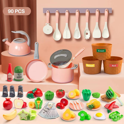 150Pcs Kitchen Playset, Toddlers Pretend Cooking Cookware Accessories, Food, Picnic Blanket, Fruits, Veges, 2Pack Shopping Storage Basket, Dessert and Prop Money, Gift for Kids (Pink)