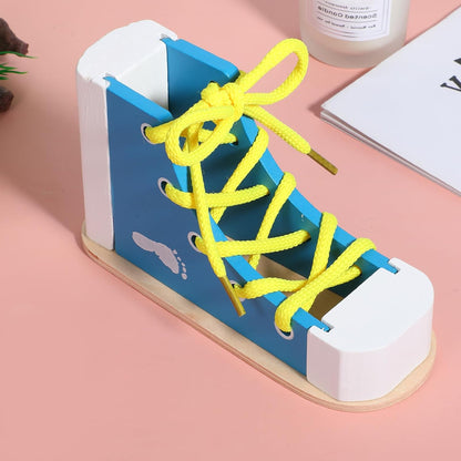 Learn to Tie Shoes for Kids Wooden Lacing Sneaker Educational Toy Safe & Reusable Wooden Shoe Tying Practice Kit Wood Lacing Sneaker Toy for Tie-Up Shoe Practice Threading Montessori Toys(Blue)