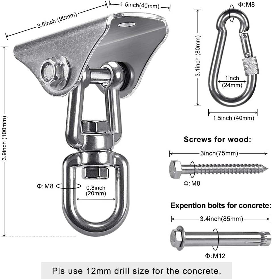 SELEWARE Anti-Squeaking Swing Hanger Stainless Steel Swing Set Hook Ceiling Mount Bracket for Hammock Chair Toddler Swing Yoga Swing Punching Bag 2 Packs