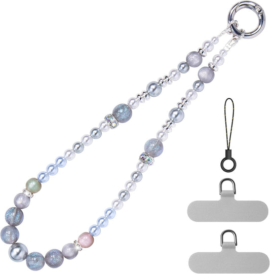 pcgaga Pearl Beaded Phone Charm, Phone Wrist Strap, Handmade Bracelet Straps, Anti-Lost Lanyard Wrist Chain for Airpods Women Girls Gift, Keychain etc (Gray Iceland)