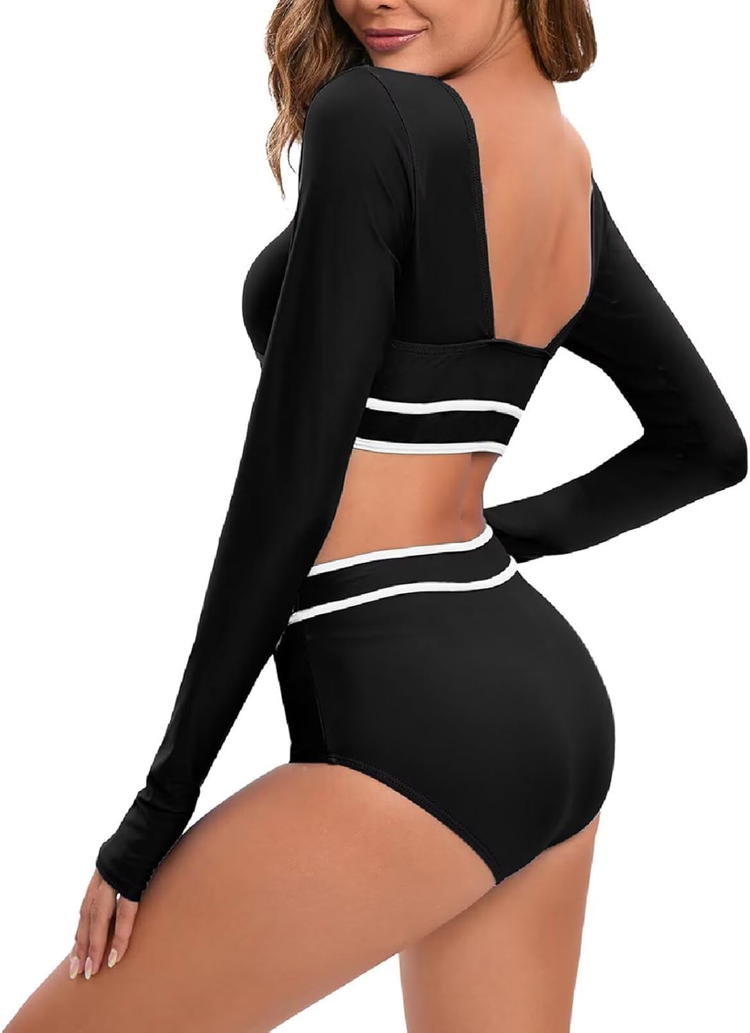 JadeRich Women's Fashion Pattern Long Sleeve Tankini Sets UPF 50+ Rash Guard Swimsuit Sun Block Swimwear