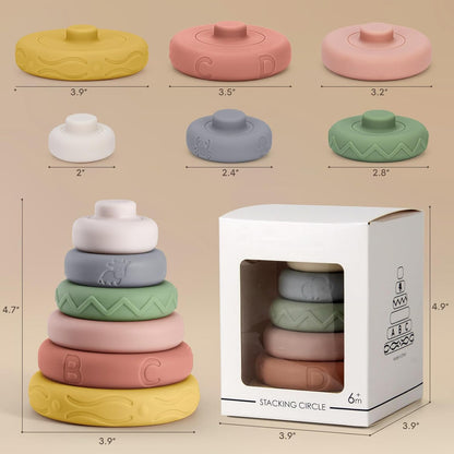 BOBXIN Baby Stacking & Nesting Rings Toy 4.7", 6pcs Soft Silicone Circle Building Stacker,Squeeze Play with Letter,Animal and Graphic,Toddler Sensory Learning Toys for Babies 6 Months+