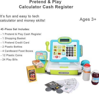 FS Pretend Play Cash Register Toy with True Barcode Scanner & Calculator, Microphone, Play Food, Supermarket Cashier, Great Pre-School Gift Cash Register for Kids Boys & Girls, Ages 3 4 5 6 8