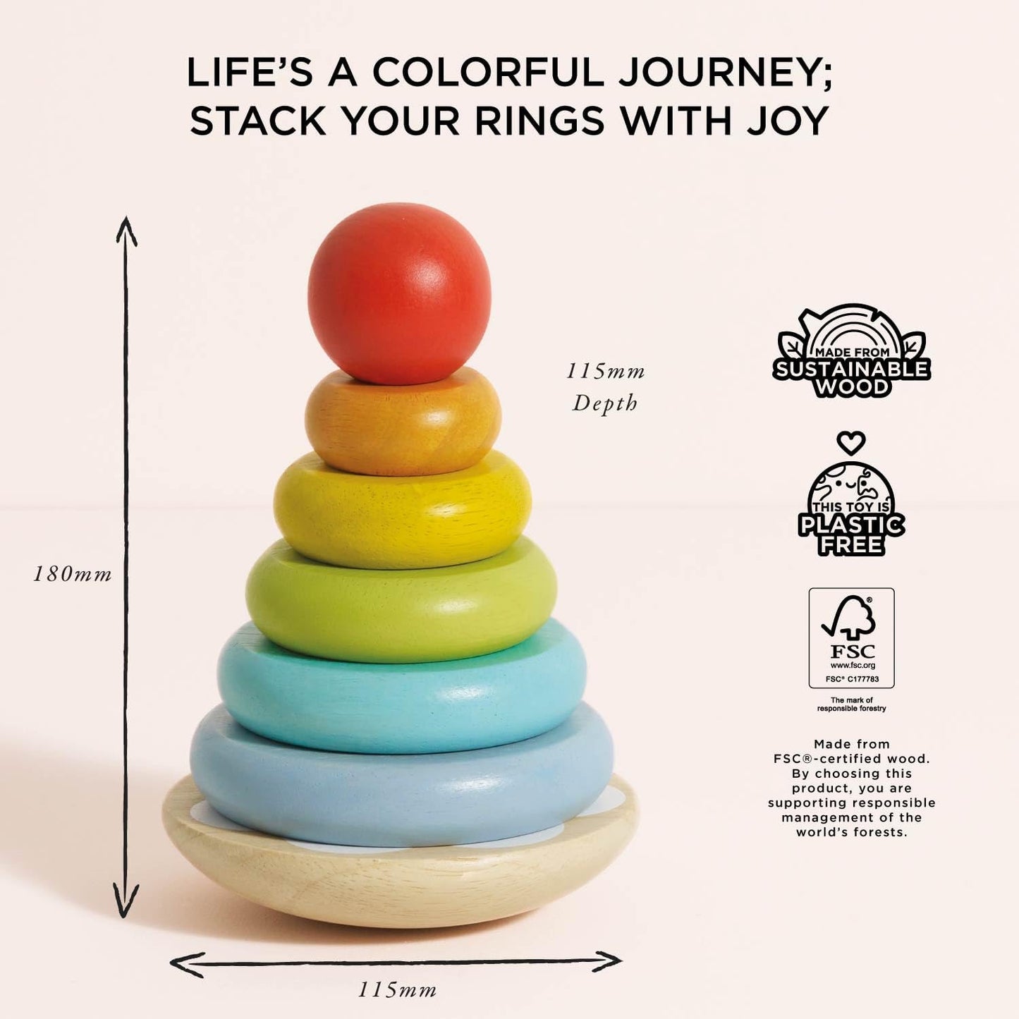 Le Toy Van – Wooden Rainbow Stacker | Girl & Boy 7 Piece Rainbow Wobbling Ring Stacker – Suitable for 18+ Months