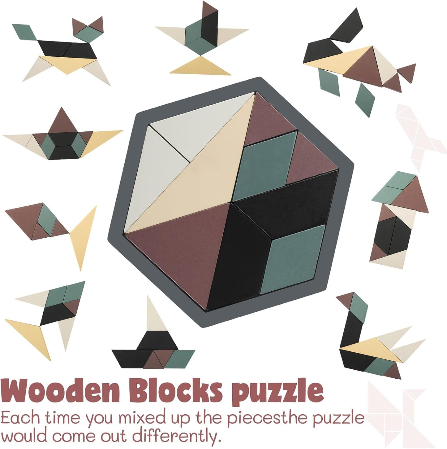 Yunsailing 3 Pack Large Hexagon Tangram Puzzle Wooden Brain Puzzles for Adult Challenge Wood Russian Blocks Brain Teasers Geometric Jigsaw Block Logic Iq Stem Family Graduation Gifts(Vintage)
