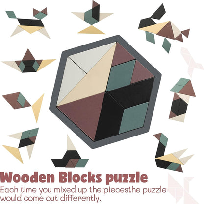 Yunsailing 3 Pack Large Hexagon Tangram Puzzle Wooden Brain Puzzles for Adult Challenge Wood Russian Blocks Brain Teasers Geometric Jigsaw Block Logic Iq Stem Family Graduation Gifts(Vintage)