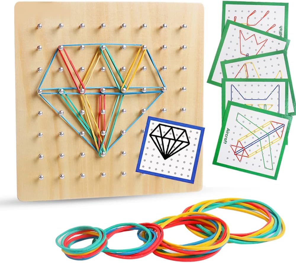 Skrtuan Wooden Geoboard with Pattern Cards & Rubber Bands, Montessori STEM Educational Toy for Kids 3-5 5-8 Years Old, Brain Teaser Puzzle Game for Geometry Learning and Creative Shapes