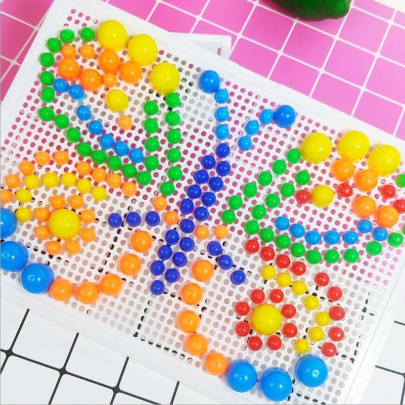 592Pcs Mushroom Nail Beads Puzzle Set Kids Educational Toy Pegboard Game for Creativity Hand Eye Coordination Safe Plastic Pieces 10.8X7.5 Inch