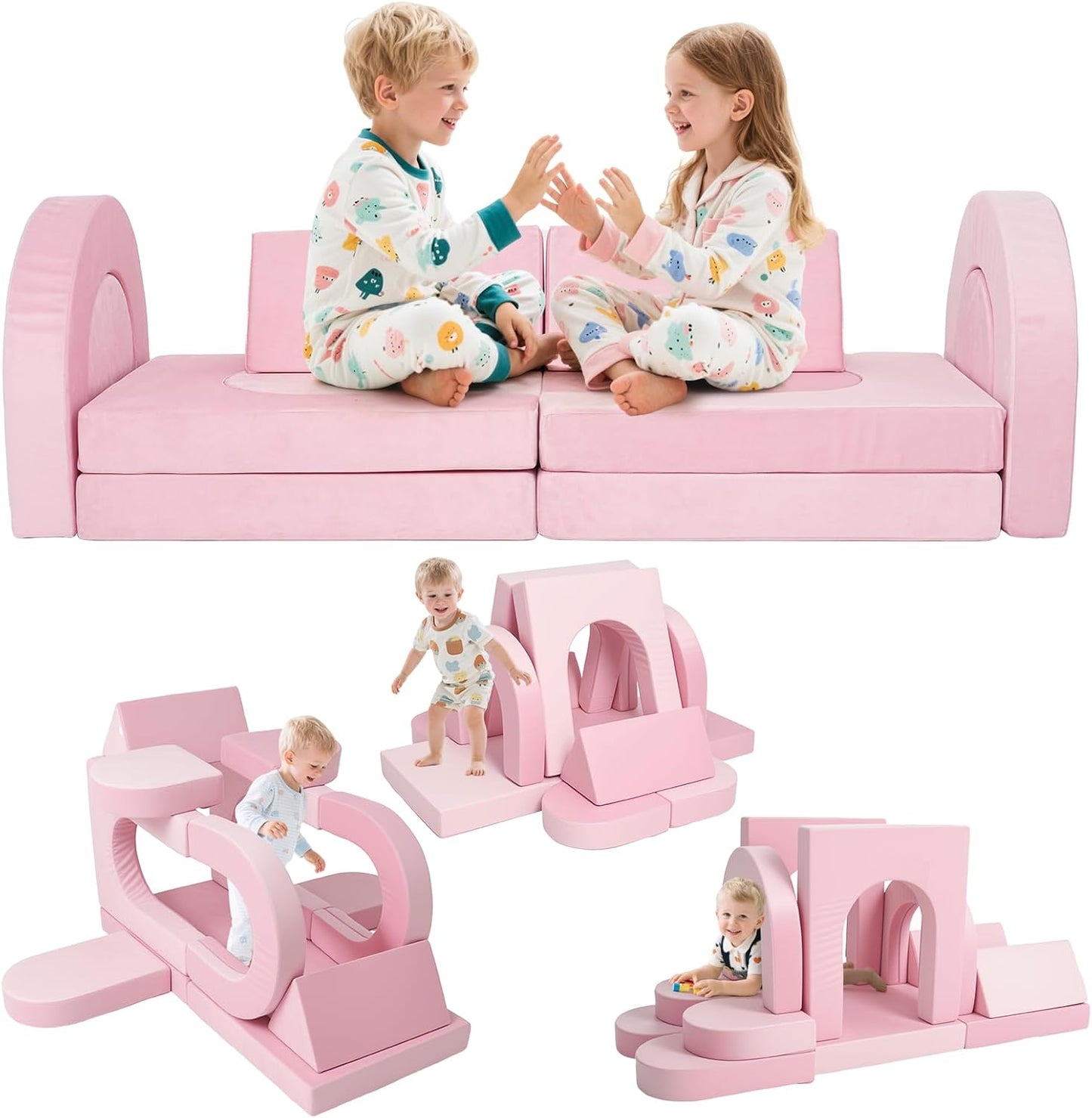 Tangram Puzzles modular kids play couch building fort, Children explorer sofa with Ball Pit, Kids playroom convertible furniture for Inspiring Child Creativity, Made entirely of sponge (Blue Series)