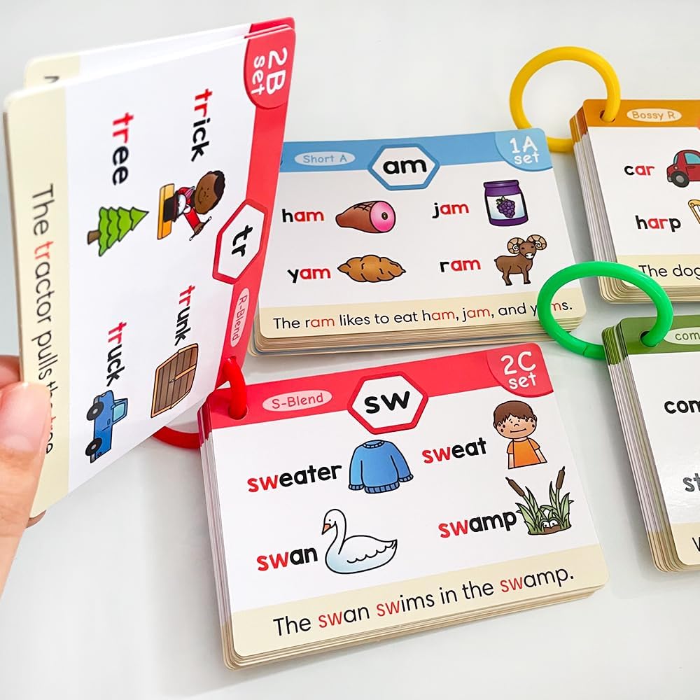 Lachilly Phonics Flash Cards Set, 20 Phonic Stages Cards, Learn to Read in CVC Blends Long Vowels DigraphsSounds for Kids 4-8, Kindergarten Primary School Learning Aids