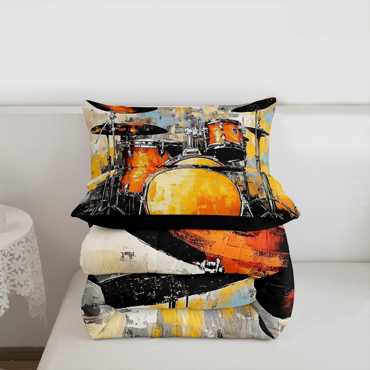 Erosebridal Drum Kit 3D Print Kids Comforter Sets Rock Music Themed Full Bedding Set for Boys Girls Musical Pattern Comforter Set,Colorful Retro Style Quilt Duvet 3 Pcs