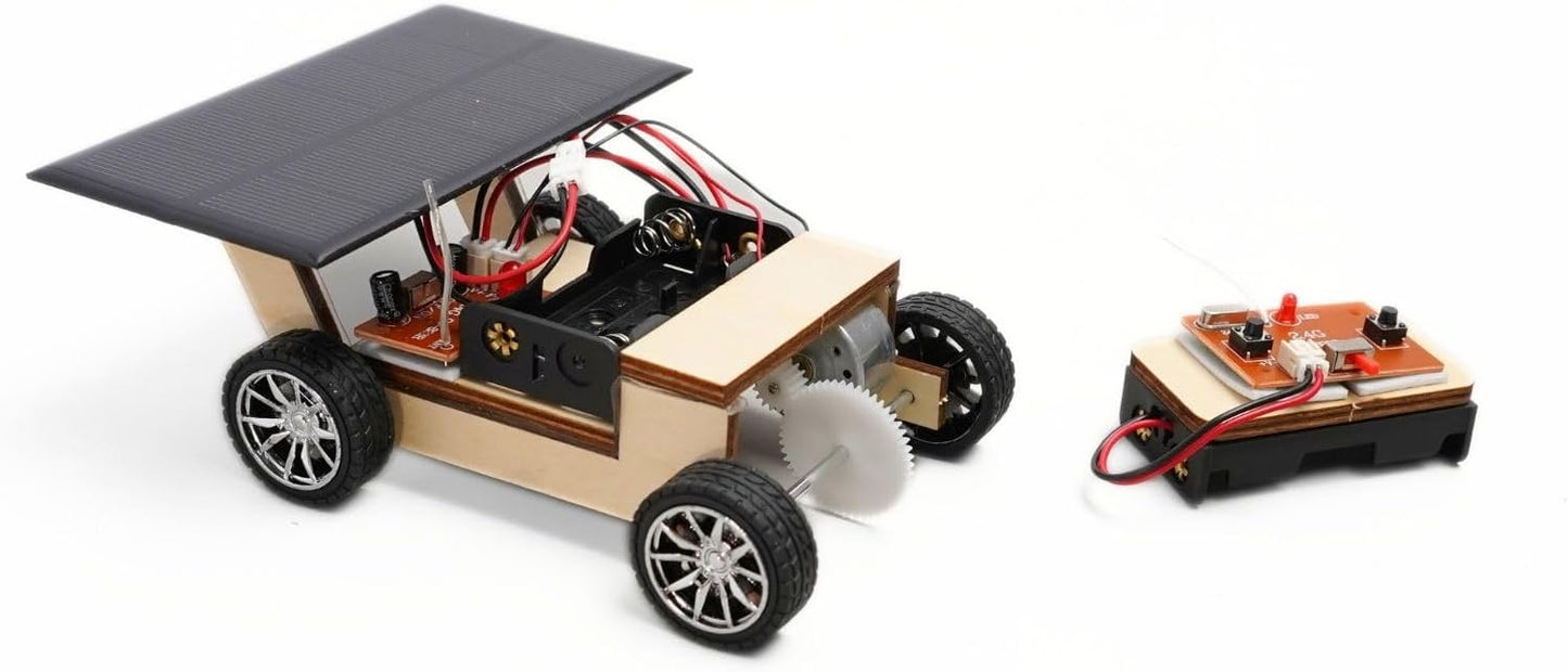 Solar-Powered Car V1, Wooden STEM Kit with Wireless Remote Control for Boys and Girls, Hybrid Powered by Solar Power and Batteries, Educational Motor Toy Gift for Kids Aged 8-12