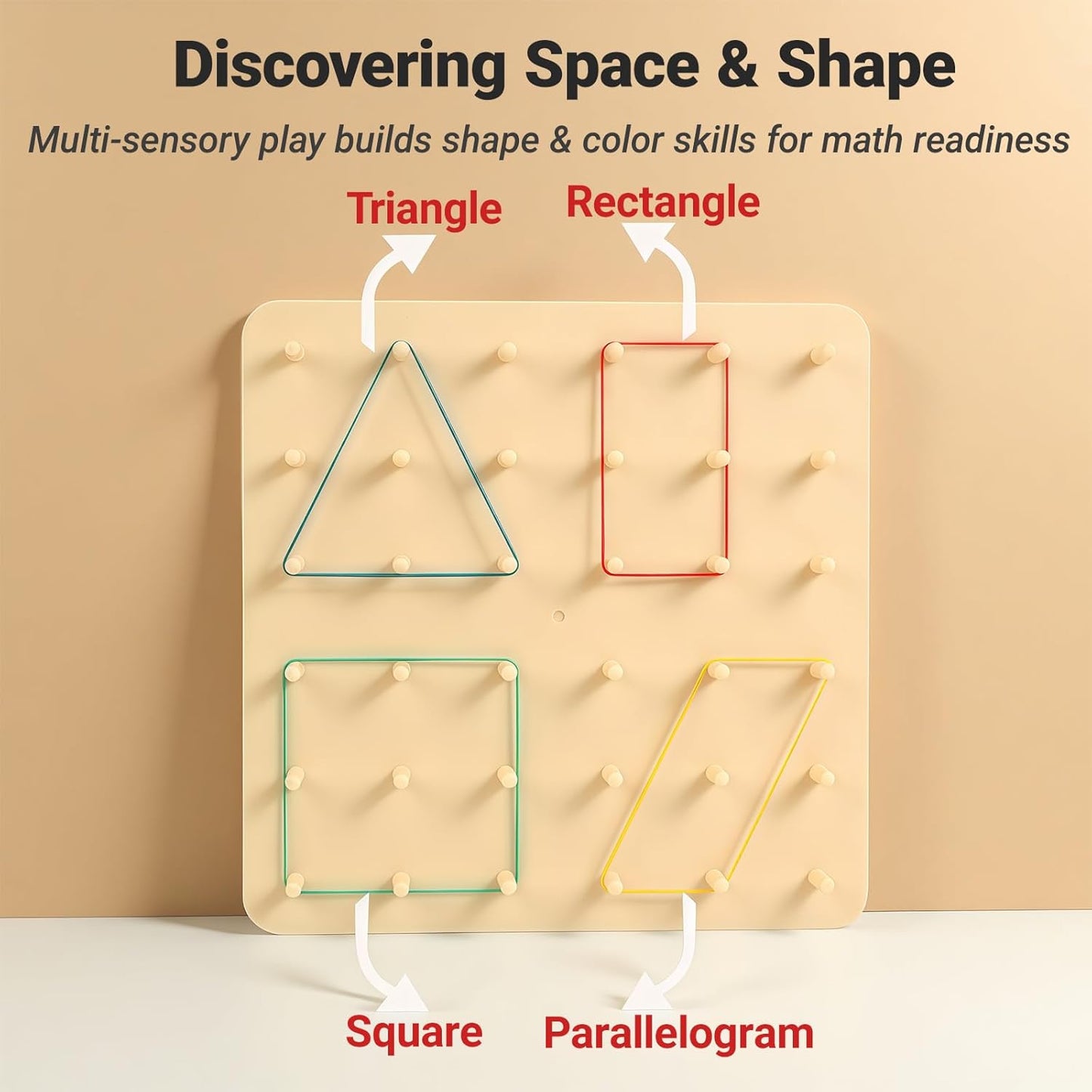 2-in-1 Mosaic Shape Wooden Pattern Blocks Puzzle & Wooden geoboard, Double-Sided Montessori Toys with 120 PCS Blocks, 40 Rubber Bands, 30 Cards