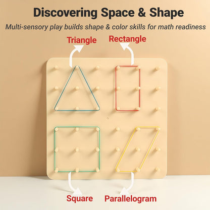 2-in-1 Mosaic Shape Wooden Pattern Blocks Puzzle & Wooden geoboard, Double-Sided Montessori Toys with 120 PCS Blocks, 40 Rubber Bands, 30 Cards