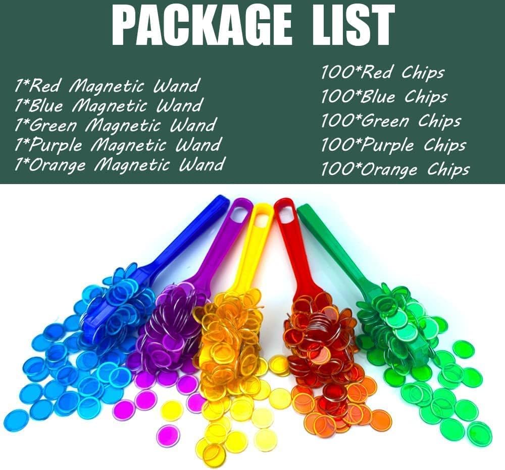 Magnetic Wand & Chips Set with 100 Multicolor Bingo Chips - STEM Learning Kit for Kids, Family Game Night & School Science Activities (Green)