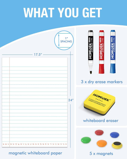 HOMiDEK Magnetic Handwriting Paper for Whiteboard - 17.5x24 in Dry Erase Writing Paper with Lines - Lined Notebook White Board with Markers, Magnet, Eraser