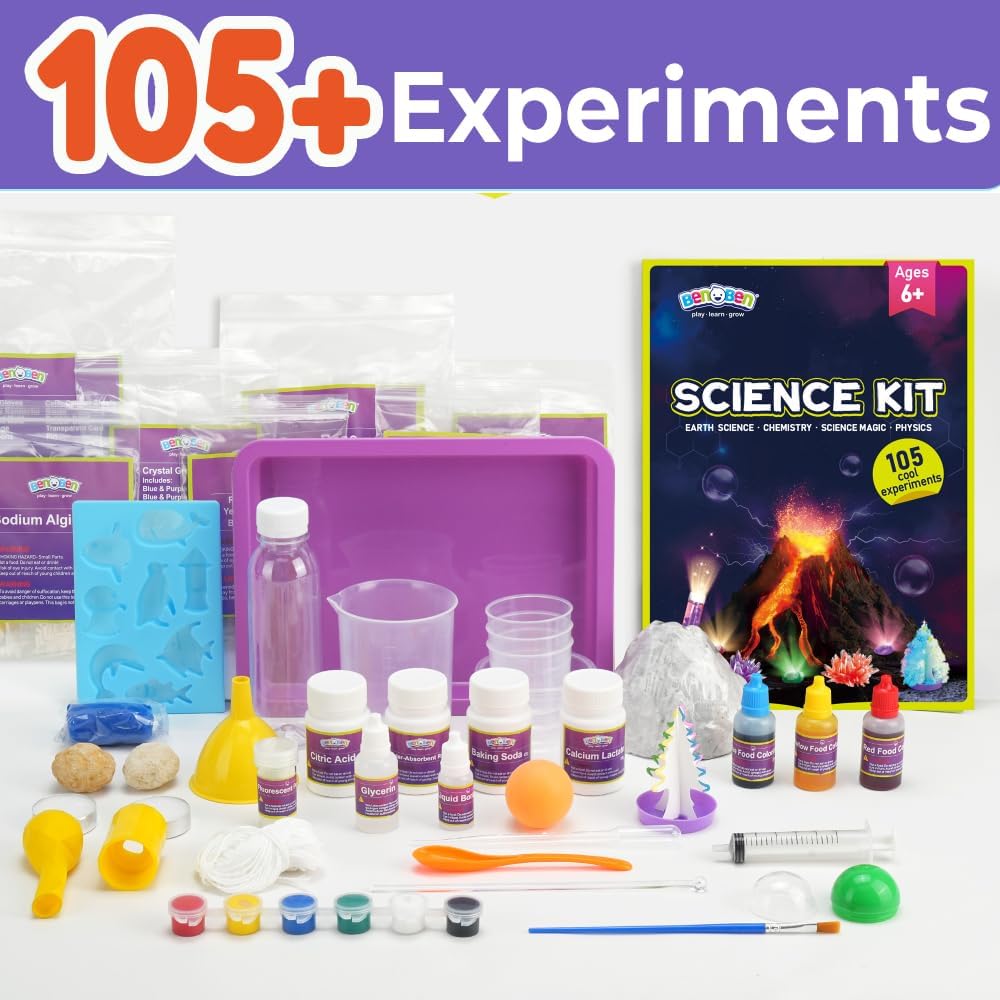 BenBen Science Kit for Kids Ages 8-12, 105 Hands-On Science Experiments with Paintable Volcano, Slime & Tornado Lab, STEM Gift for Boys Girls