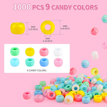 1000+pcs Glitter Pony Beads Bulk, Acrylic 9mm Large Plastic Bead for Bracelets Big Hole Hair Braids Crafts DIY Projects