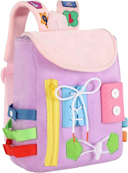 Busy Board - Toddler Backpack with Buckles and Learning Activity Toys - Develop Fine Motor Skills and Basic Life Skills - Learn to Tie Shoes - Children's Travel Toy