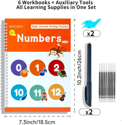 Magic Grooved Writing Practice Books for Kids with Disappearing Ink Pens Grips, Reusable Handwriting Workbooks 6 Pcs, Letter Tracing Copybook for Kindergarten Ages 3-8