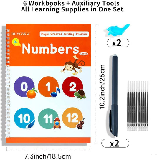 Magic Grooved Writing Practice Books for Kids with Disappearing Ink Pens Grips, Reusable Handwriting Workbooks 6 Pcs, Letter Tracing Copybook for Kindergarten Ages 3-8