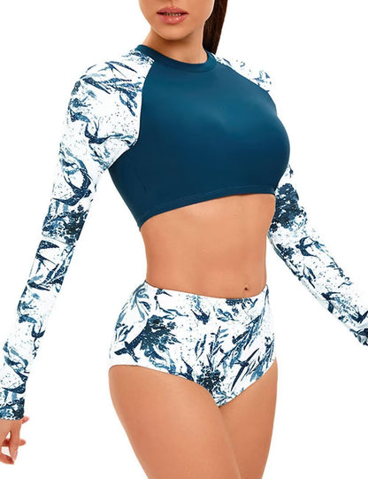 JadeRich Women's Fashion Pattern Long Sleeve Tankini Sets UPF 50+ Rash Guard Swimsuit Sun Block Swimwear
