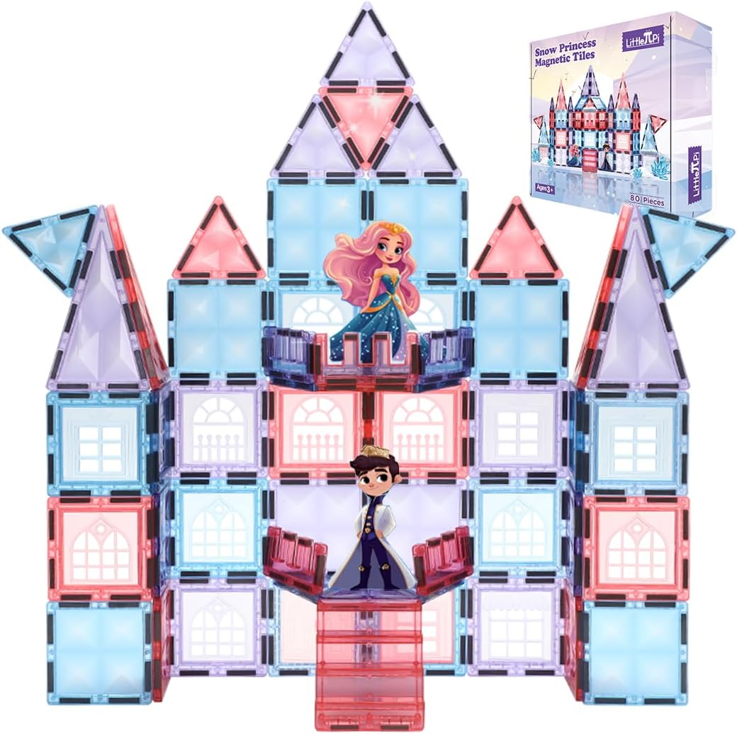 Little Pi 104pcs Frozen Princess Castle Magnetic Tiles Building Blocks - 3D Diamond Blocks, STEM Educational Toddler Toys for Pretend Play, 4 Year Old Girl Birthday Gifts Kids Ages 3 5 6 7 8 - Pink