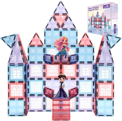 Little Pi 104pcs Frozen Princess Castle Magnetic Tiles Building Blocks - 3D Diamond Blocks, STEM Educational Toddler Toys for Pretend Play, 4 Year Old Girl Birthday Gifts Kids Ages 3 5 6 7 8 - Pink
