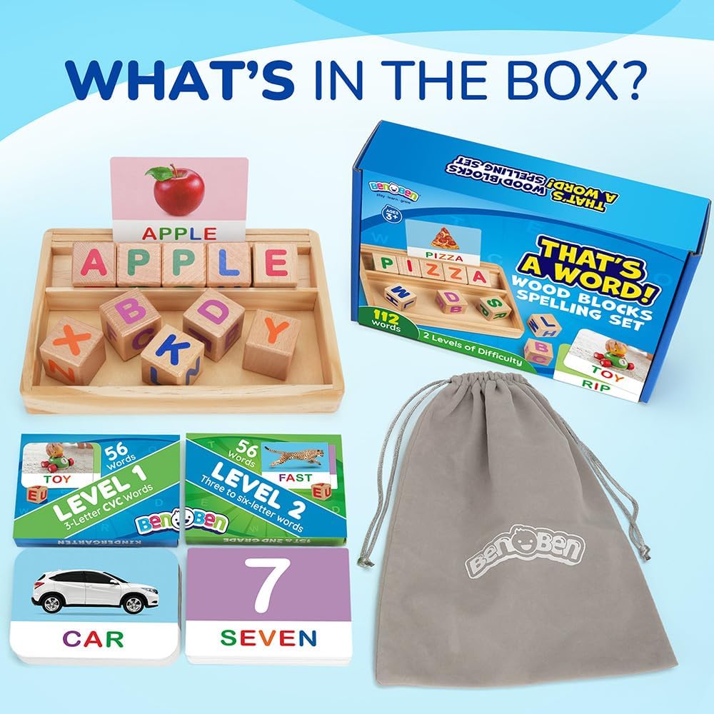 BenBen Spelling Games, 224 Flashcards, 208 Wood Letter Tiles, 1-4 Players, Learning Games for Kids 4-8, Educational Toys for Kindergarten 1st 2nd Grade, Preschool Classroom Must Haves