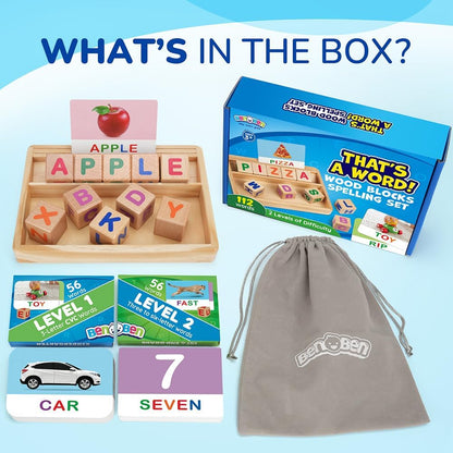 BenBen Spelling Games, 224 Flashcards, 208 Wood Letter Tiles, 1-4 Players, Learning Games for Kids 4-8, Educational Toys for Kindergarten 1st 2nd Grade, Preschool Classroom Must Haves