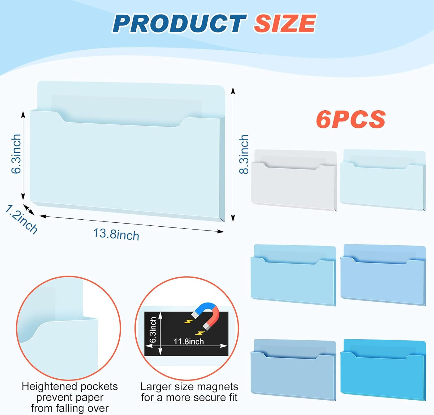 Fuutreo 6 Pcs Magnetic Wall File Organizer Magnetic Wall File Holder Refrigerator Magazine Holder for Mail Letters Paper(Aqua Green,Vertical-large)