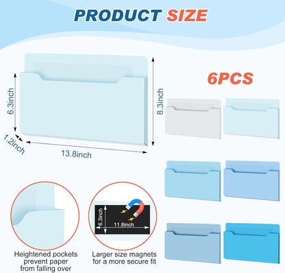 Fuutreo 6 Pcs Magnetic Wall File Organizer Magnetic Wall File Holder Refrigerator Magazine Holder for Mail Letters Paper(Aqua Green,Vertical-large)
