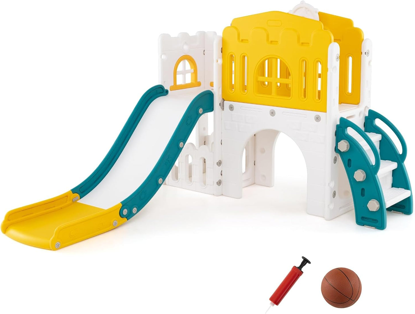 Costzon 8 in 1 Toddle Slide Playset, Freestanding Kids Slide w/Tunnel, Basketball Hoop, Toddler Climber Slide Playset Indoor Playground for Kids 1-3 w/Storage Space, Gifts for Boys Girls (Blue)