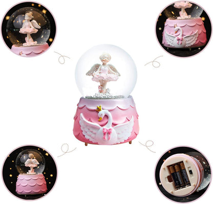 Ballerina Girl Swan Lake Musical Snow Globe, 80MM Glass Snowglobe Ballet Dancer Music Box with Colorful Lights for Girls Kids Daughter Granddaughter(Purple)