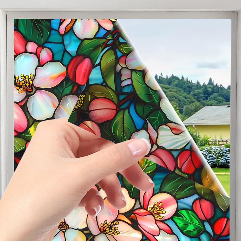 JOONOR Privacy Window Film Stained Glass Window Sticker Non-Adhesive Frosted Glass Film Decorative Magnolia Flower Pattern Static Cling Decals for Home UV Blocking/Heat Insulation 17.7 x 39.4 Inch