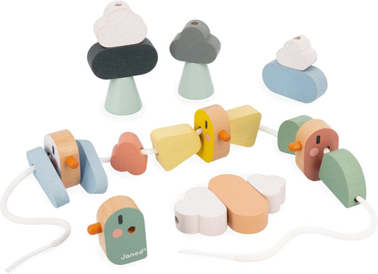 Janod - Stringable Farm-Themed Wooden Beads Set 11 Pieces - Designing Custom Jewelry - Imagination Development - Boosts Creativity and Motor Skills - Encourages Imaginative Play
