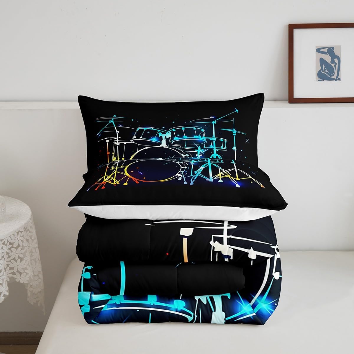 Castle Fairy Drum Kit Comforter Set,Musical Instruments Bedding Set for Kids Girls Women,Adults Rock Music Comforter,Neon Lighting Quilted Duvet Set Bedroom Collection Twin Size 2Pcs
