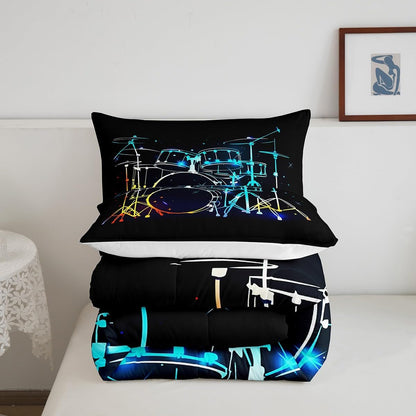 Castle Fairy Drum Kit Comforter Set,Musical Instruments Bedding Set for Kids Girls Women,Adults Rock Music Comforter,Neon Lighting Quilted Duvet Set Bedroom Collection Twin Size 2Pcs