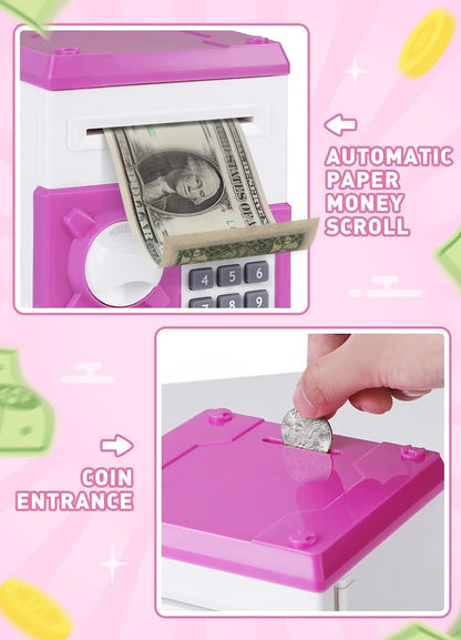 Playsheek Piggy Bank for Girls Boys Large Electronic Money Coin Banks with Password Protection, Automatic Paper Money Scroll Saving Box, Great Gift for Kids(Black-White)