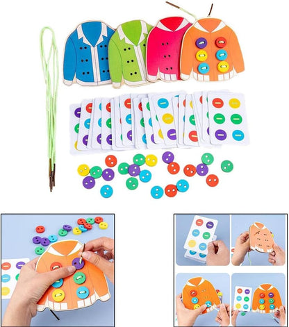 Menolana Kids Wooden Threading Lacing Clothes Sew on Button Game Toys for Age 3-6