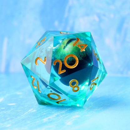 YEMEKO Beholder'S Eye D20 Dice Dragon Eye DND 22MM Single with Resin Sharp Edge 20 Sided D&D Handmade Polyhedral for Dungeons and Dragons, RPG, Roleplaying Games MTG Table Games(Blue Gold)